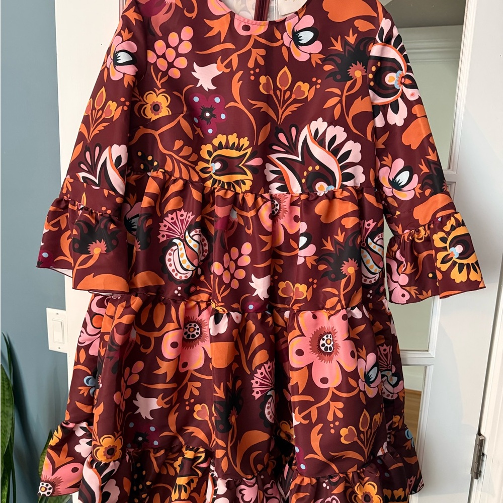 LA DoubleJ Women's Dress in Dark Red, Orange and Pink Floral